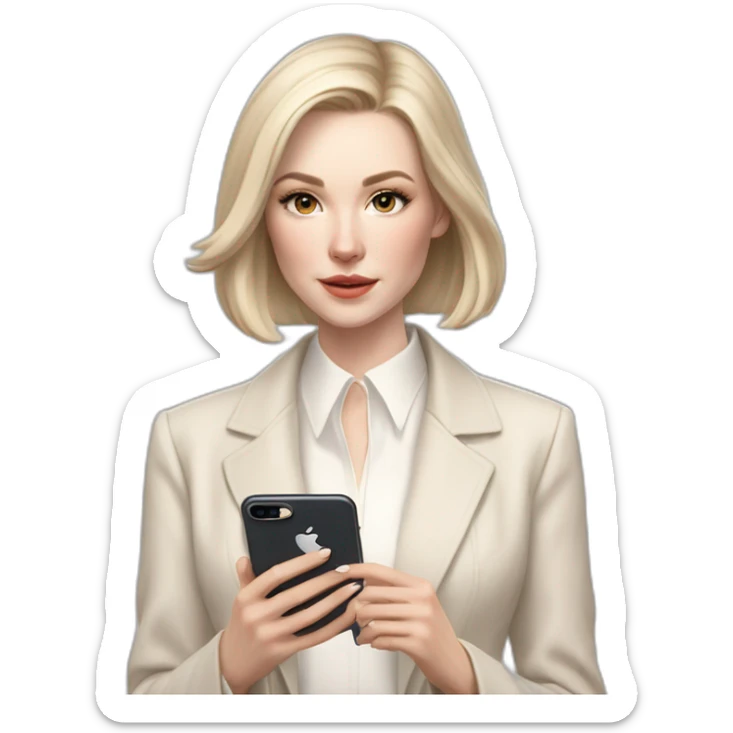 pale skin woman with ash blonde Straightened bob Hair, White Spacious classical jacket, beige palazzo Arrow pants and gray blouse holding white IPhone 14 pro in the hands sticker