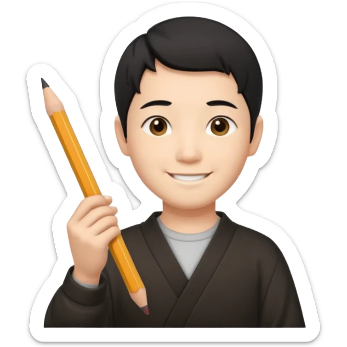 A Japanese male character with short hair, smiling, holding a pencil in his hand. sticker