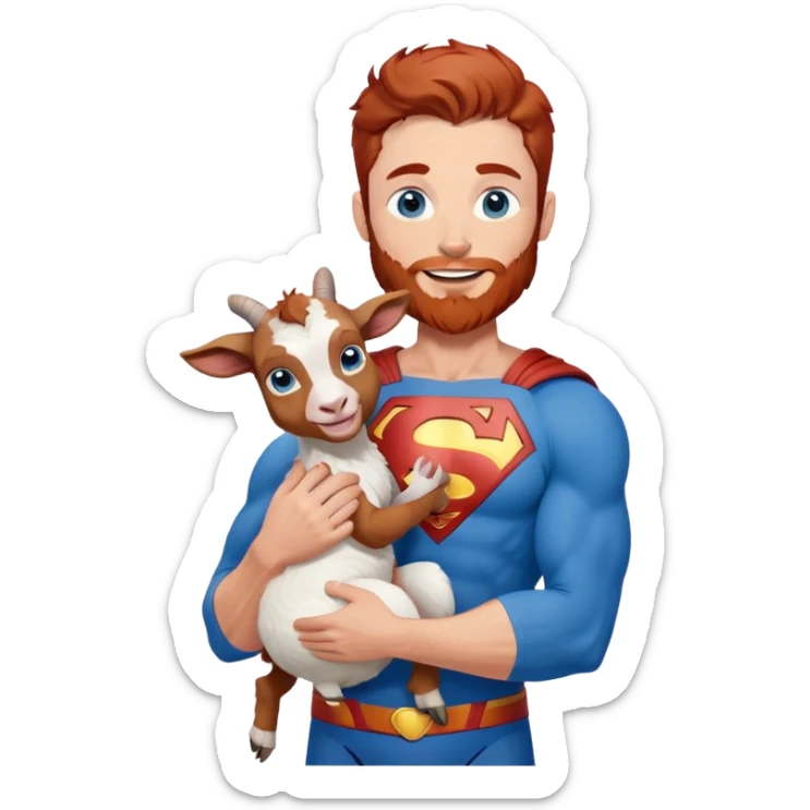 Full body Adult Superman Blue Eyes Scruffy Redish hair and redish trimmed Beard Muscle happy holding a blue haired happy baby goat sticker