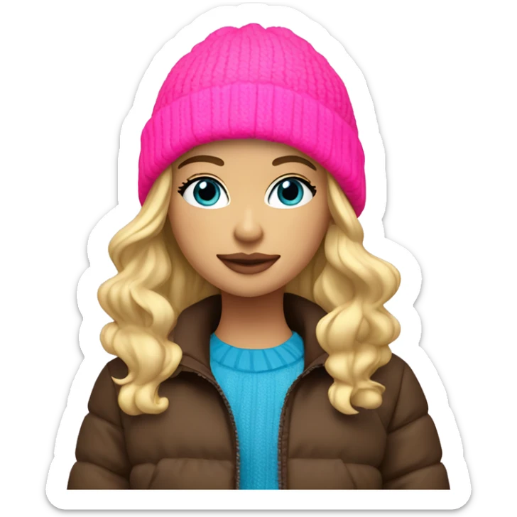 Blond girl blue eyes brown puffer jacket neon pink nitted beanie  sticker