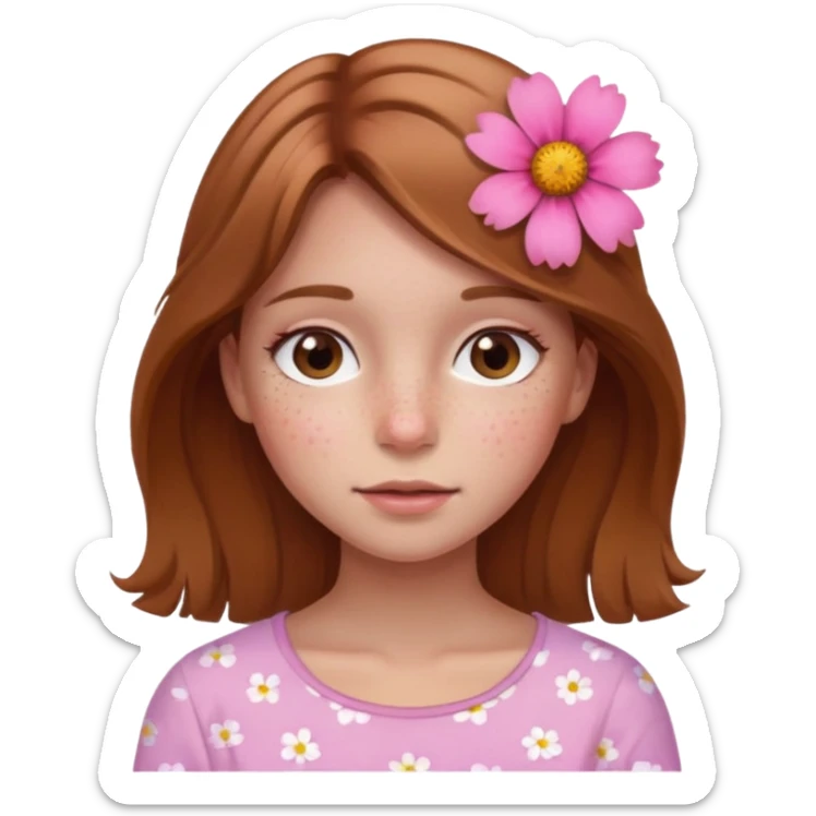 Girl with With light brown hair and a summer pink flower on her head and freckles sticker