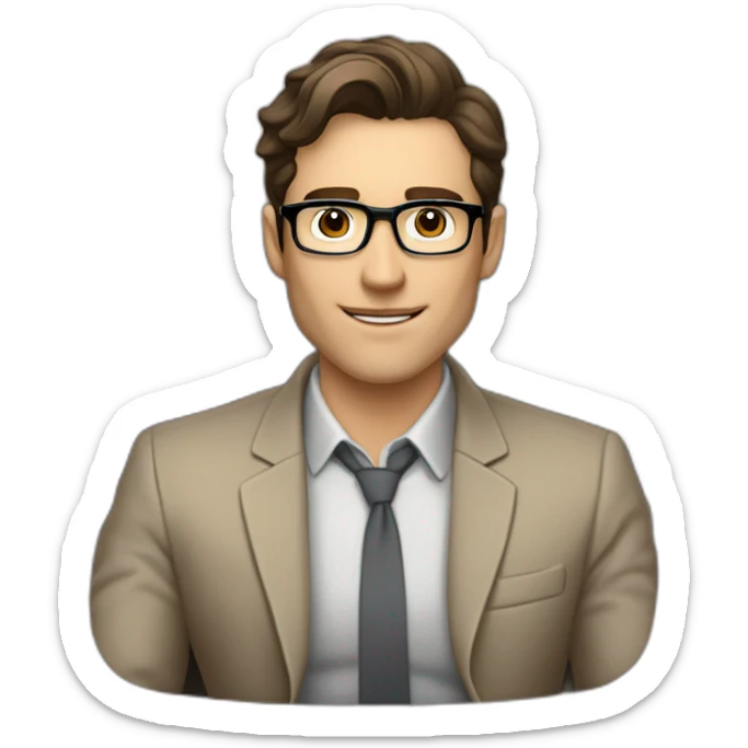 Pale skinned Fit Man With dark brown hair in gray jacket, beige office shirt, Brown pants and vintage glasses sitting In a soft chair with a notebook on spring with emblem Ψ and a pen sticker