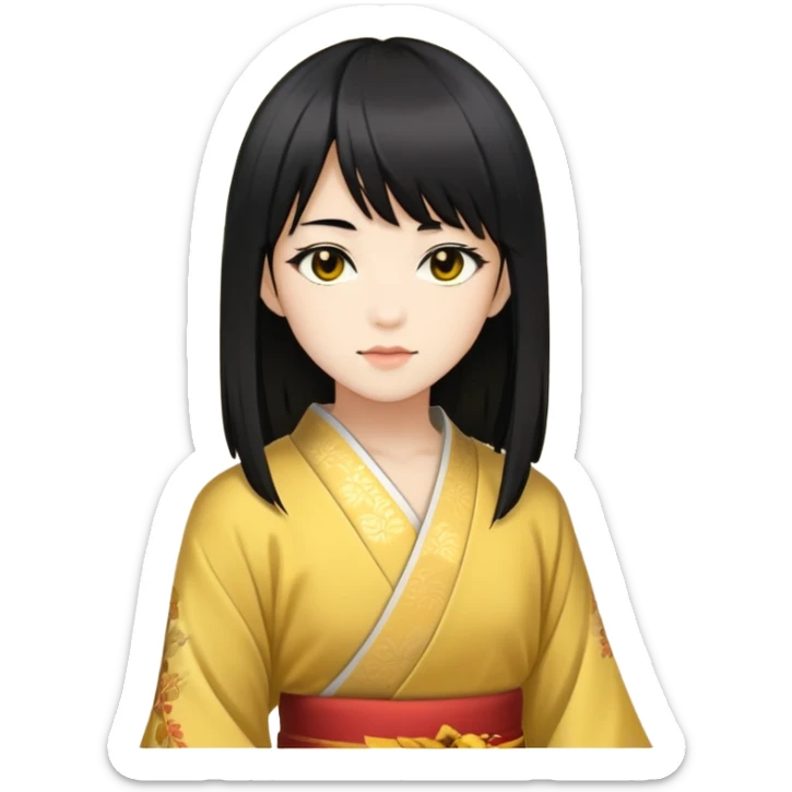 Fair-yellow skin, dark brown eyes, long black hair cut into layers, Japanese-style side-swept bangs, likes to dance.  sticker