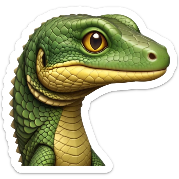 cinematic-realistic-cute-monitor-lizard-portrait-emoji,-head-tilted-playfully-and-inquisitively,-featuring-a-compact,-agile-body-with-finely-detailed,-glossy-scales-in-earthy-olive-hues-and-a-distinct,-alert-face-with-bright,-curious-eyes, yellow and dark green scales sticker