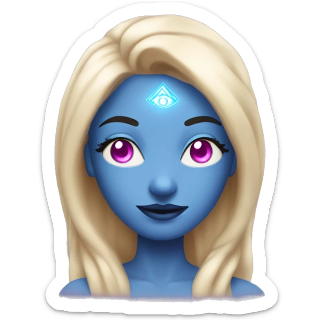 magical diva with thin pink andromedan face long blonde hair and blue eyes glowing third eye sticker