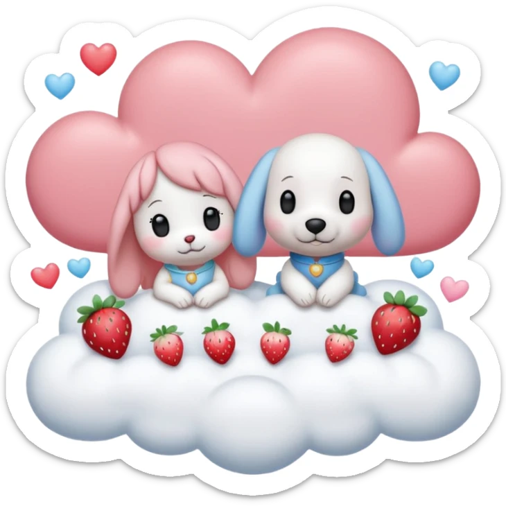  Couple DP in AI emoji style with Cinnamoroll and Snoopy. Both wear strawberry-themed accessories, sitting together on a pastel pink cloud with hearts, sparkles, and strawberries around. Cute, soft, and romantic vibe. sticker