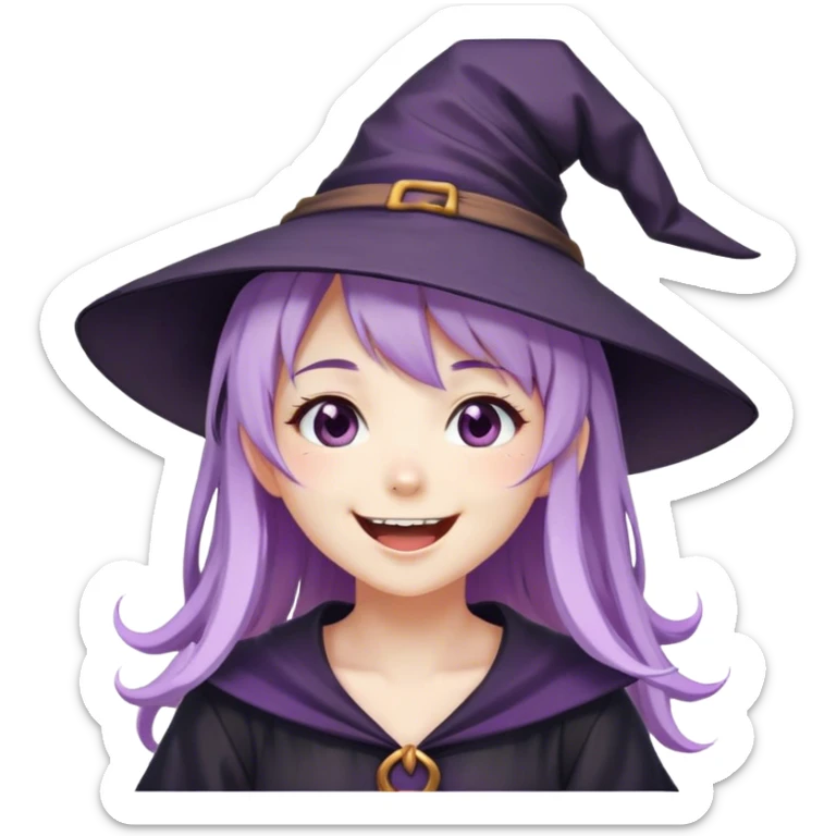 cute anime girl with lilac hair in a witch hat laughing sticker