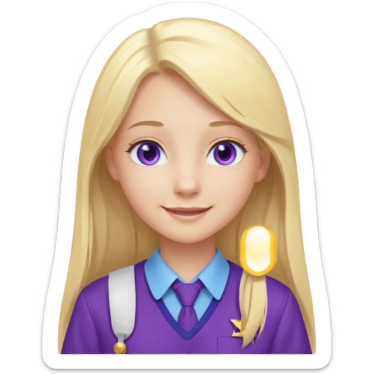A pale girl with light blue eyes and long and blonde straight hair , smiling wearing a purple school uniform  sticker