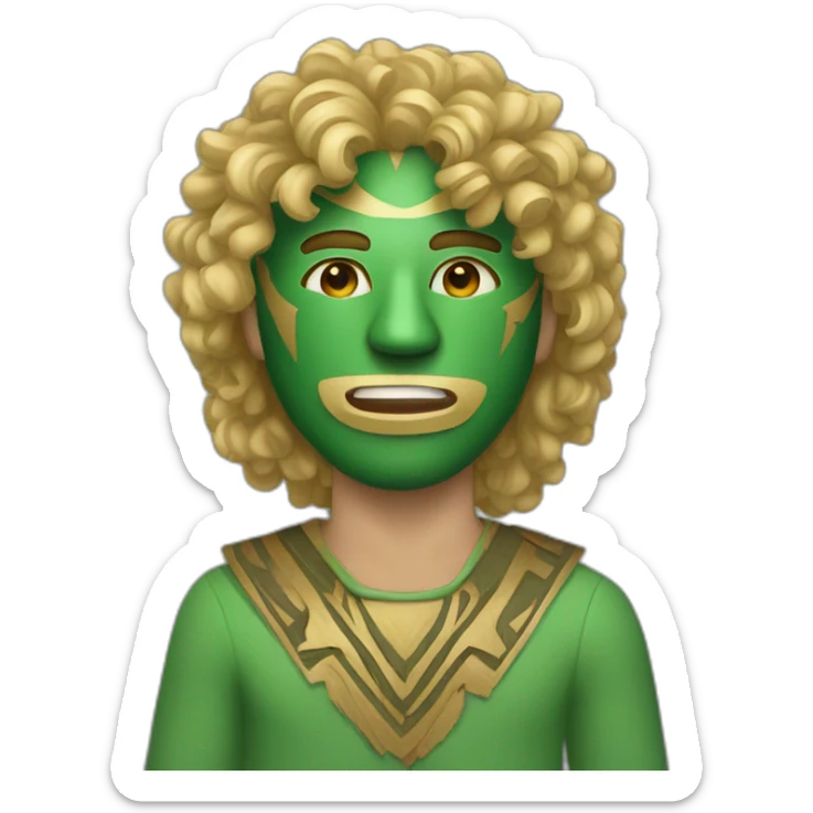 A man wearing a green wooden tribal mask with medium length blonde curly hair sticker
