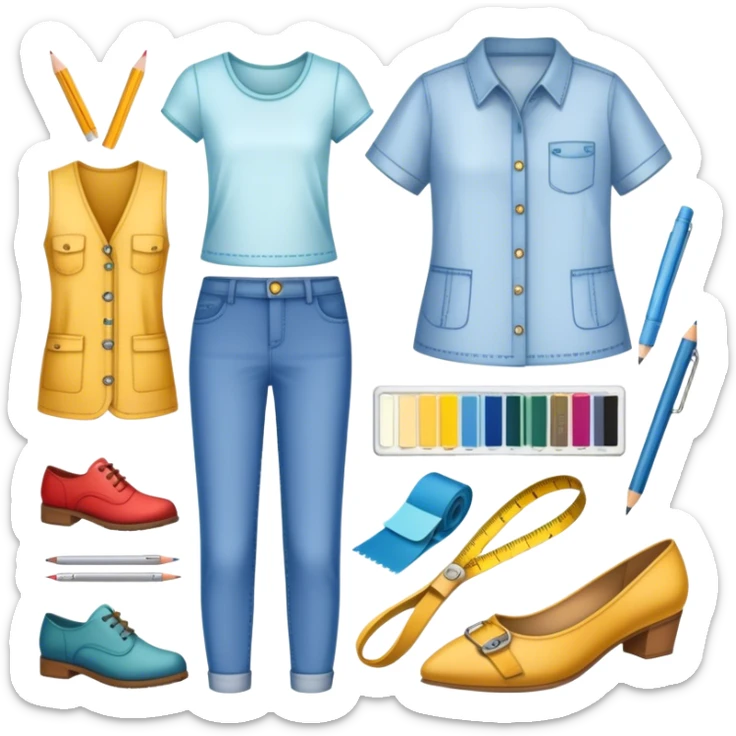 Icon for Fashion Design: sketches of clothing, shoes, and accessories with design tools like a pencil, fabric swatches, and a measuring tape. The icon should represent creativity in fashion design and tailoring. Transparent background. sticker