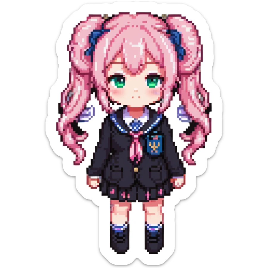 Pixel art anime girl with pink twin tails and school uniform, cute chibi style sticker