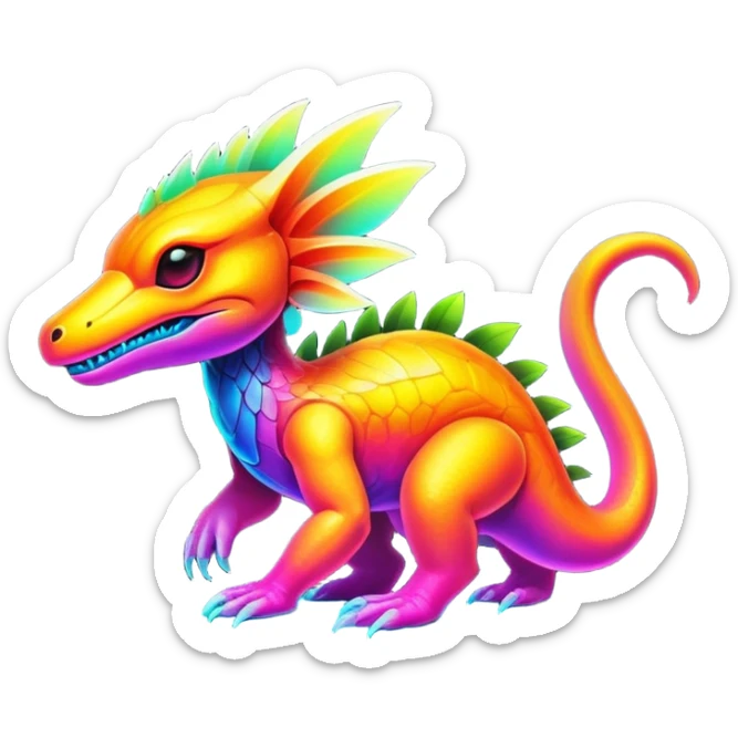 Tropical futuristic lush warm-colored neon Fakémon-Fionbri-creature sticker
