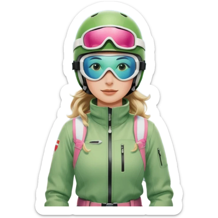 Woman, skiing, White helmet, rosa goggles Green Jacket, green trousers, blue skibackground Matterhorn sticker