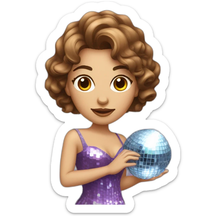 female with brown wavy hair dressed in a party dress and disco ball sticker