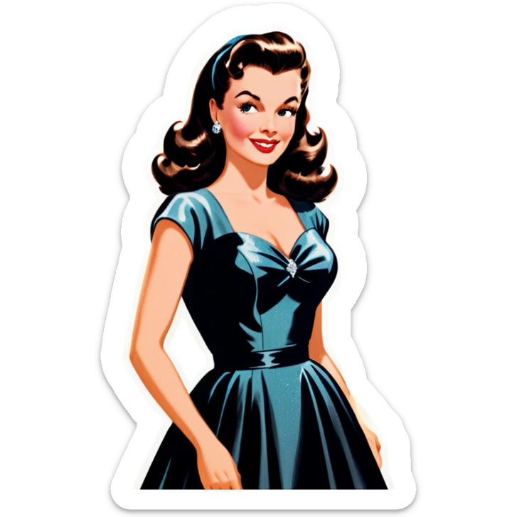 Beautiful woman in 1950’s woman fashion look, black shimmery dress, long dark brown hair, whisky with ice sticker