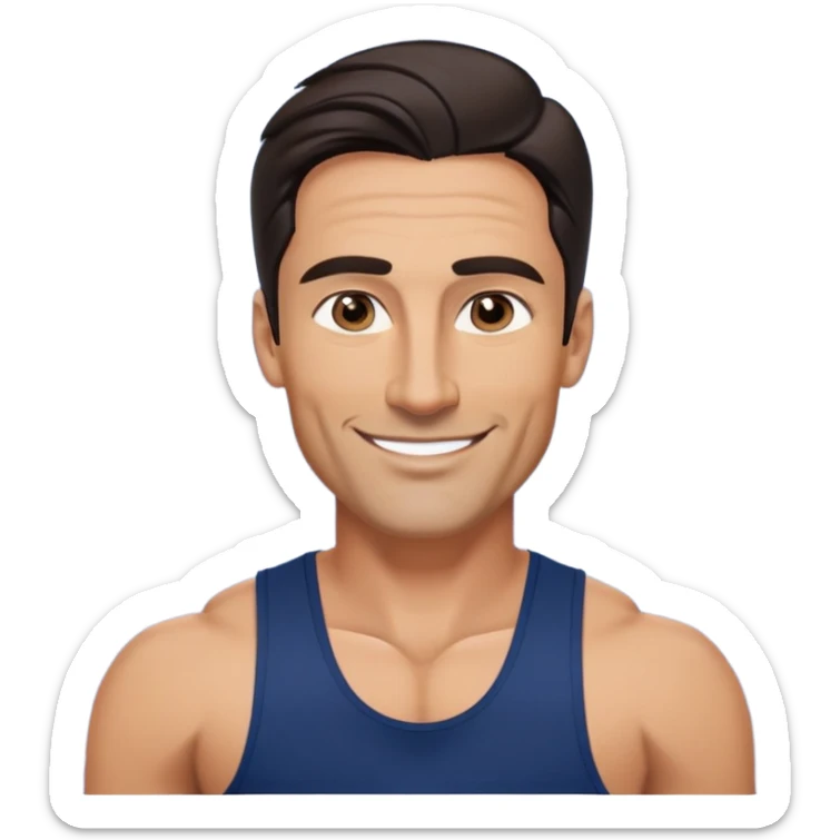 Fit 40-year-old man with tanned skin, long face, chiseled jawline. Attractive features with dark eyes, well-defined arched eyebrows, straight nose. Confident smile. Medium-length wavy dark hair styled in contemporary fashion. Wearing a dark blue tank top. sticker