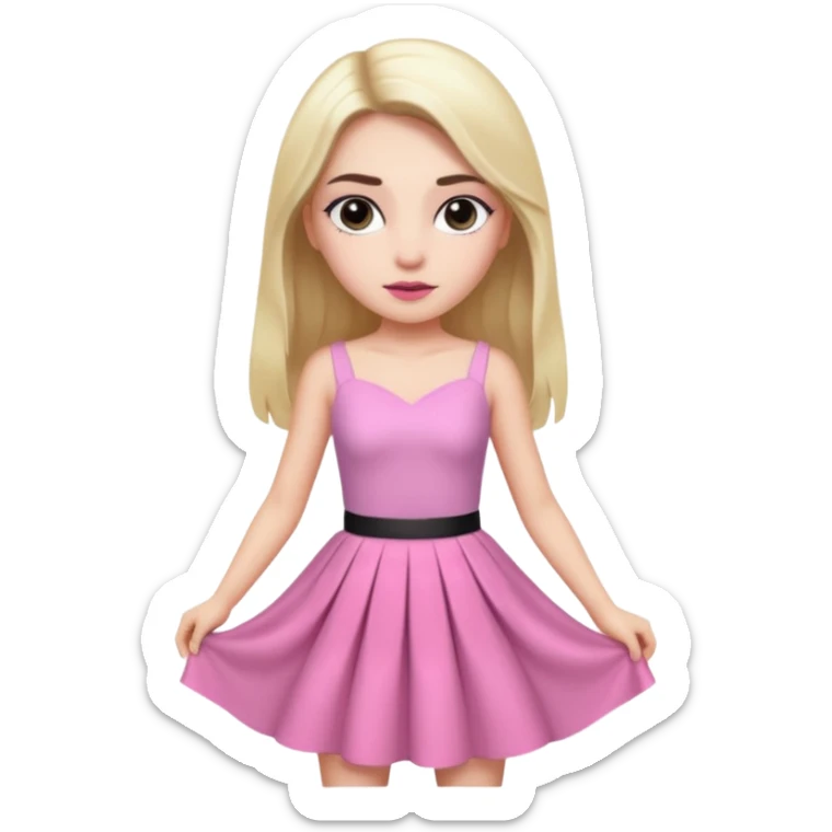 A photo of a white-skinned girl with black eyes and eyebrows and long bare hair, a beautiful pink skirt dress that has a lot of glamour and looks almost like a prince sticker