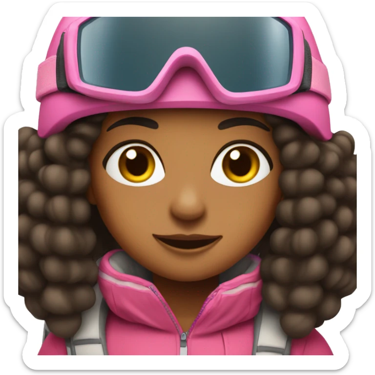Skier girl with very long black hair brown skin and pink gear  sticker