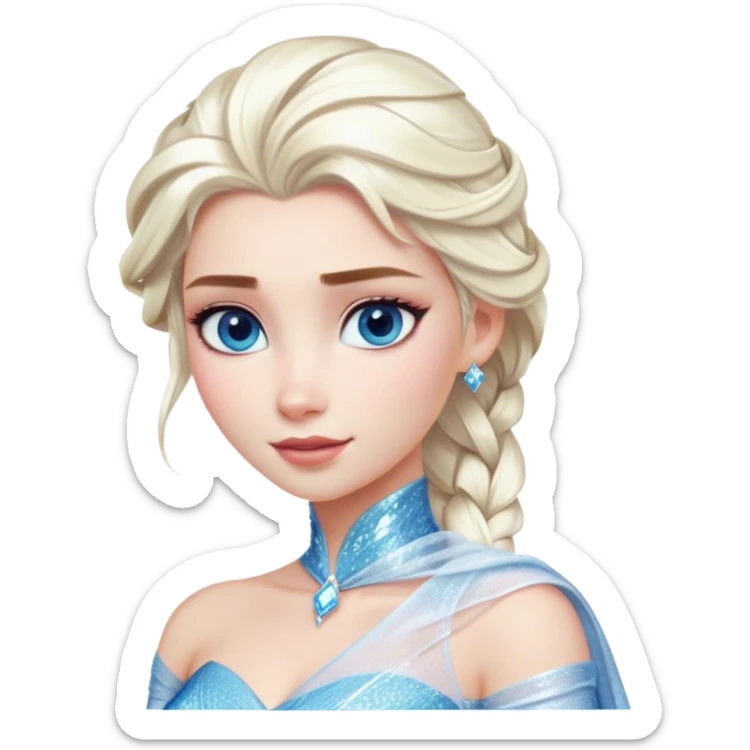 Cinematic Realistic Elsa Portrait, depicted with lifelike skin texture, soft natural lighting, and intricately detailed platinum blonde hair styled elegantly. Her striking, expressive blue eyes exude confidence and grace, complemented by a serene and regal expression. She is dressed in her signature icy attire, with shimmering fabric textures and delicate folds that catch the light beautifully. The portrait features a soft, enchanting glow with a cool, radiant finish, capturing the essence of timeless elegance in a realistic and painterly style, evoking a sense of depth and authenticity. sticker