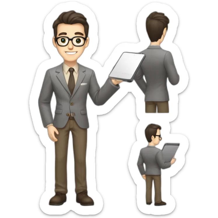 Pale skinned fit man with dark brown hair in gray jacket, beige office shirt, brown tie, brown pants and vintage glasses Writing on the tablet sticker