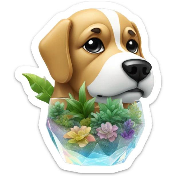 A dog made of glass mirror crystals prisms glass transparent filled with plants as a terrarium with graffiti doodles sticker