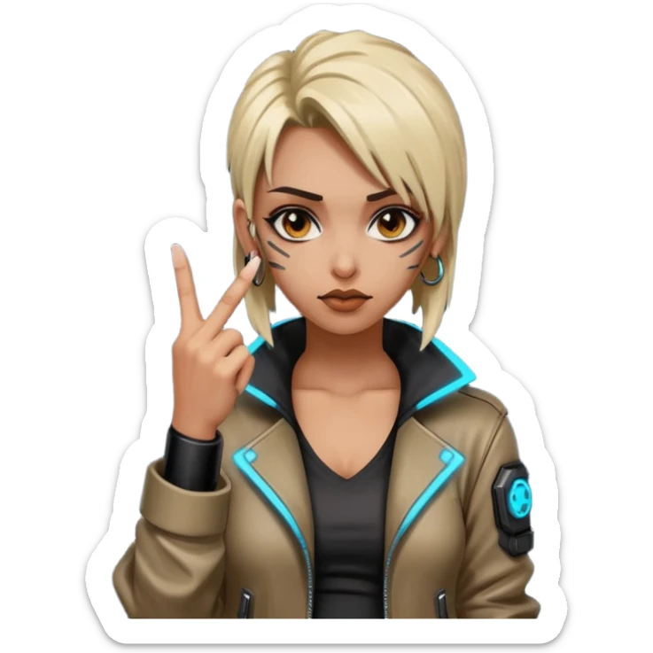 Woman with her tongue out in cyberpunk clothing and giving the middle finger. Looking naughty. sticker