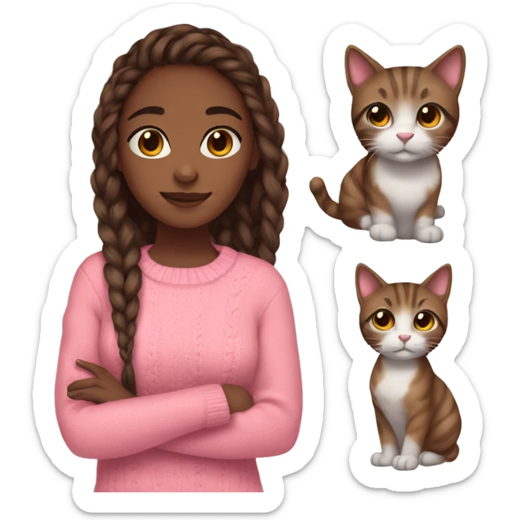 Brown hair girl, braids, brown eyes, pink sweater, headphones, clear glass, brown skin, and cat in hands sticker
