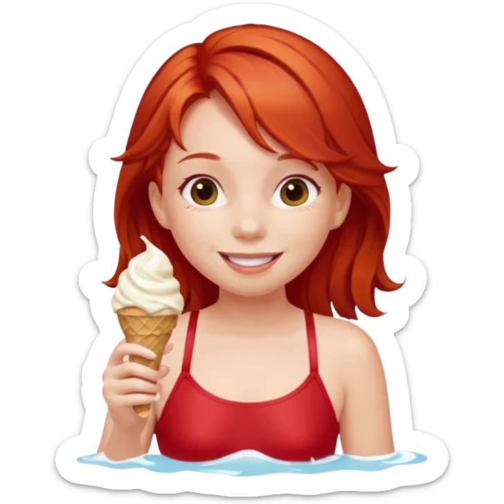 girl kid red haired swimsuit, eating ice cream, sun sticker