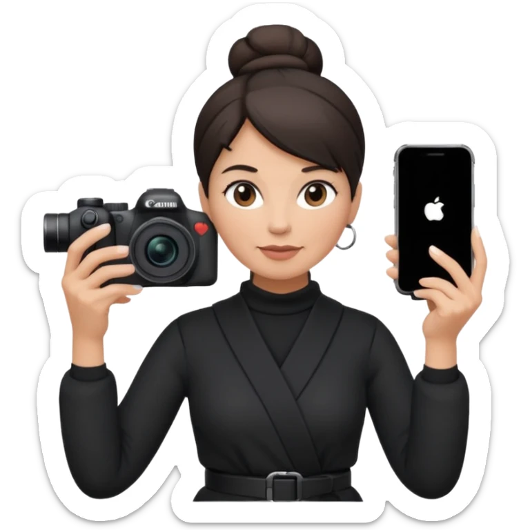 middle aged woman photographer with dark hair in a bun, wearing black clothes, carrying a canon r5 and an iPhone on a gimbal sticker