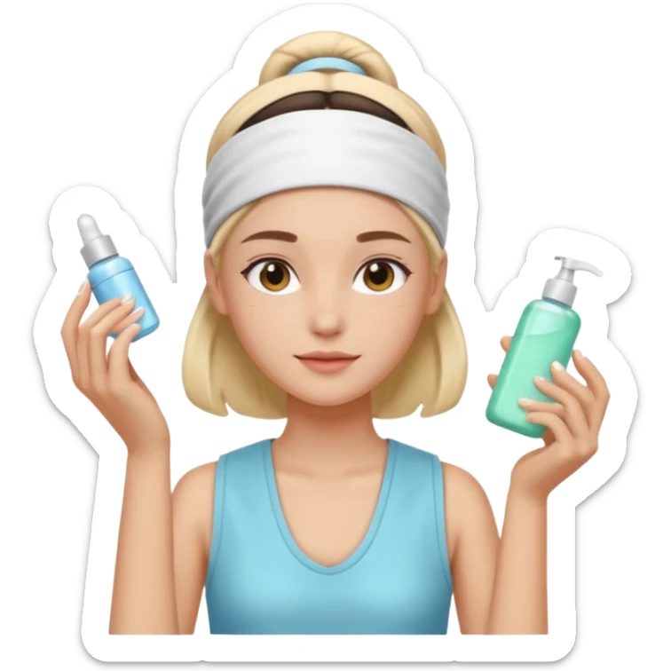 Clean girl aesthetic emoticons, apply skincare products, headband, glowing skin, vest, soft lighting
 sticker