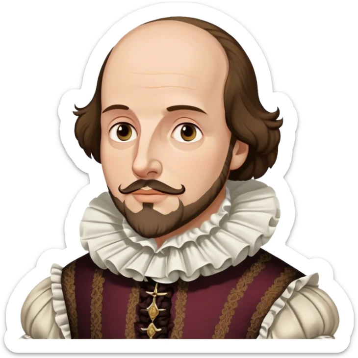 Cinematic Realistic portrait of William Shakespeare, depicted as an iconic playwright in richly detailed Elizabethan attire with a ruffled collar, expressive eyes, and a thoughtful gaze, bathed in dramatic historical lighting that evokes the Bard’s timeless legacy sticker