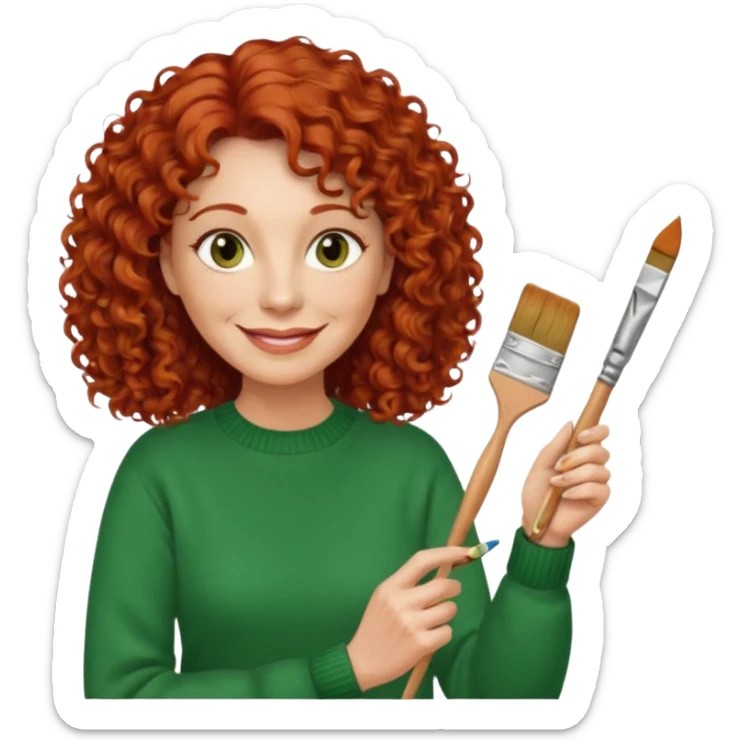 FEMME FRISÉ 60 ANS CHEVEUX ROUX FRISÉ SEMI LONG SOURIANTE AVEC CHANDAIL VERT YEUX BRUN ET UN PINCEAU À LA MAIN LA MAIN AVEC 5 DOIGT SEULEMENT  sticker