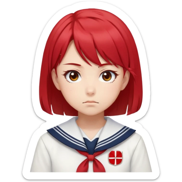 Serious anime girl with short bright red hair wearing Japanese sailor style school uniform, intense gaze and slight frown, disciplined posture sticker