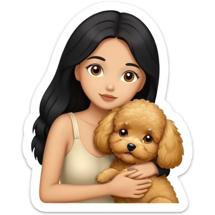 beautiful woman with black long straight hair and brown eyes hugs a golden maltipoo  sticker