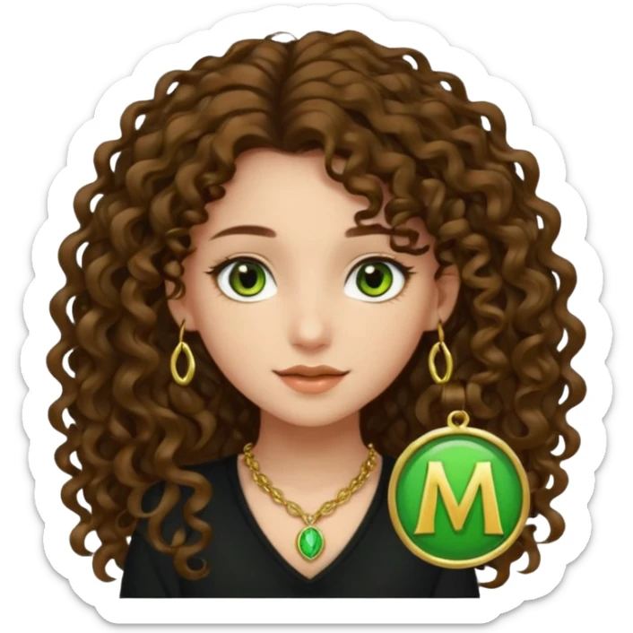 Chica de pelo castaño rizado largo ojos marrones claritos con toque verde piel clarita top negro collar con una m dorada sticker