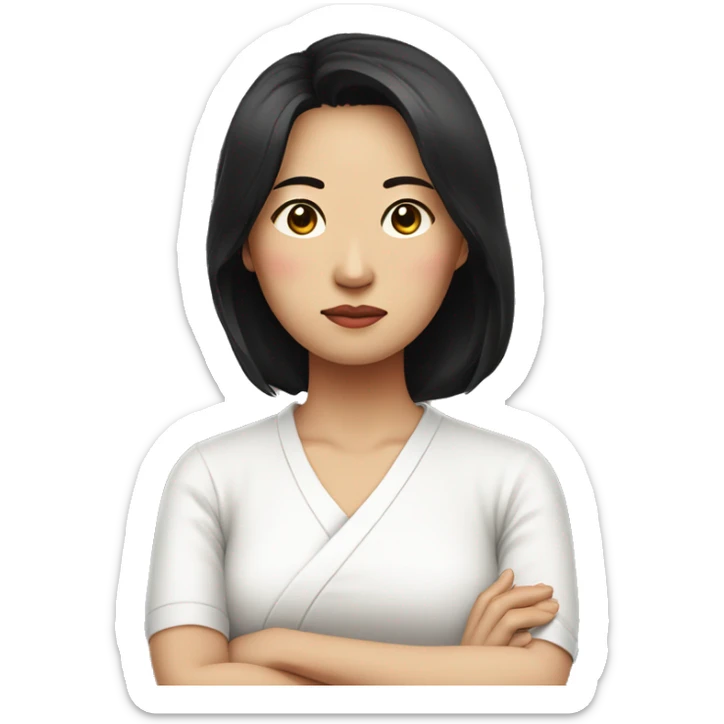 Very sad expression, Korean woman in her 40s, mother, black hair, white shirt, arms crossed sticker