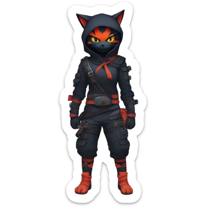 Edgy Shy Anthro Ninja cool pretty dark Litten-Pokémon-cat-fursona-animal techwear sticker