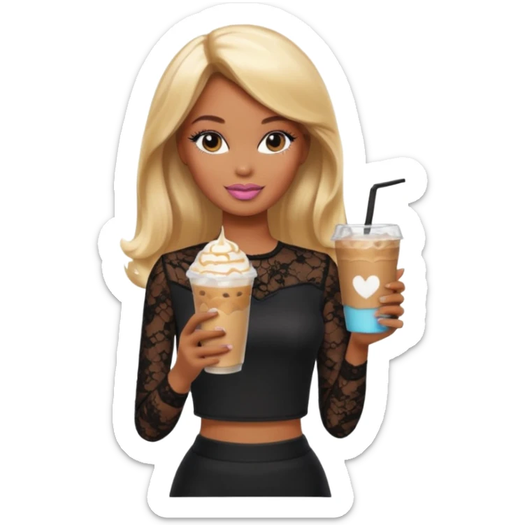 brown skin blonde barbie wearing black lace shirt with iced latte sticker