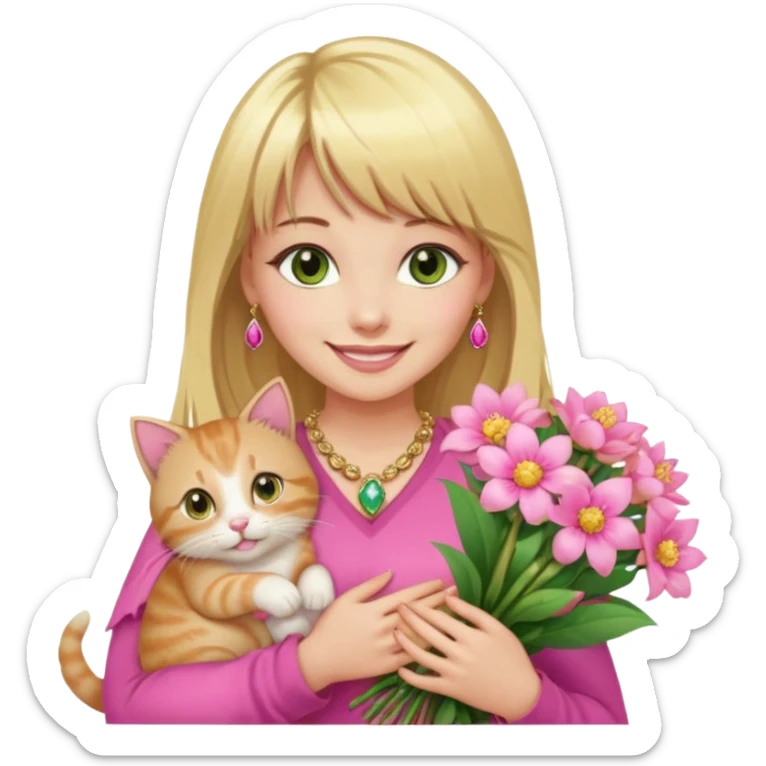 Long blonde haired with bangs, and big boobs smiling woman with hazel geen eyes, wearing pink and gold gemstone chains,  holding a big bouquet of beautiful bright flowers and kitten sticker