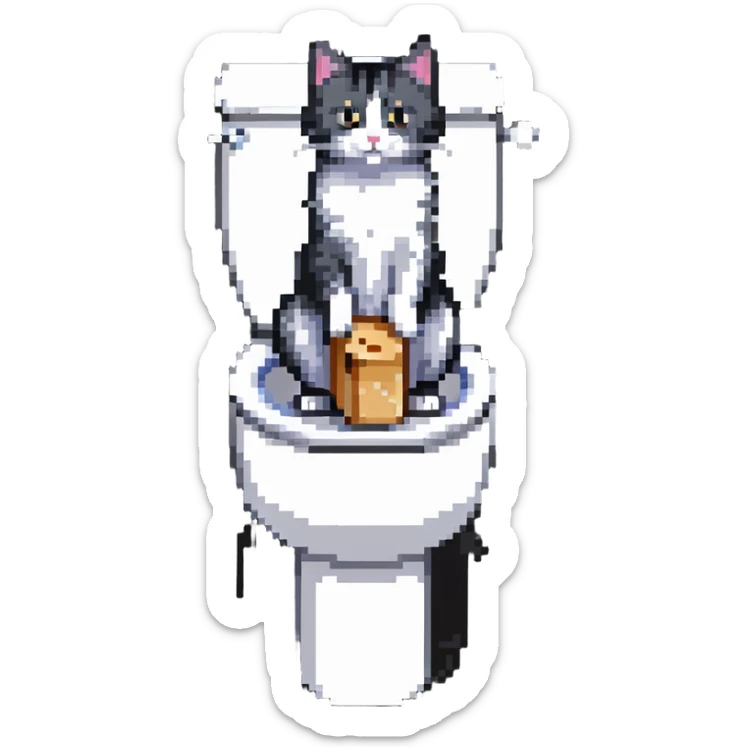 A cat in the form of a baguette sitting on a toilet sticker