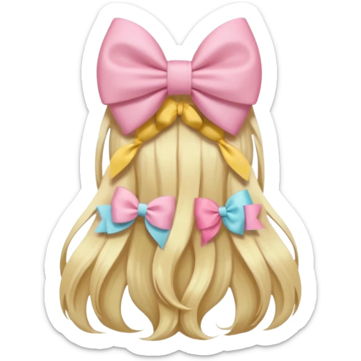 back view of long blonde hair with a pastel pink bow, slightly wavy hair, iOS Apple emoji style sticker