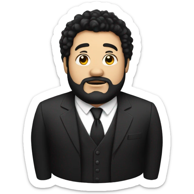 Short man with lots of black hair and beard, bit fat , dressed in black blazer sticker