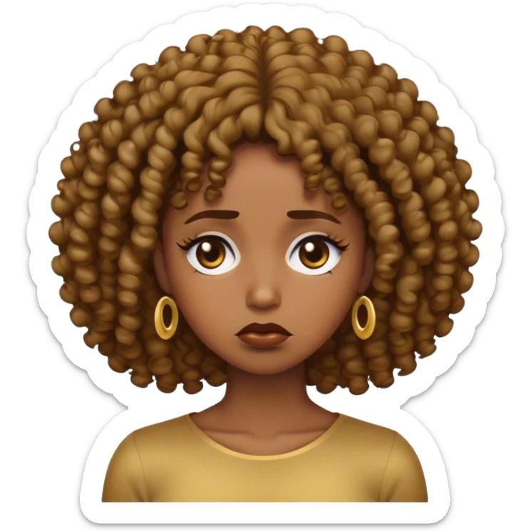 A sad Queen, the skincolor of the Queen is Black, her Hair is Open an they are Curly. She has a golden Brown on and er Face expression is Said, Like This Emoji 😔 sticker