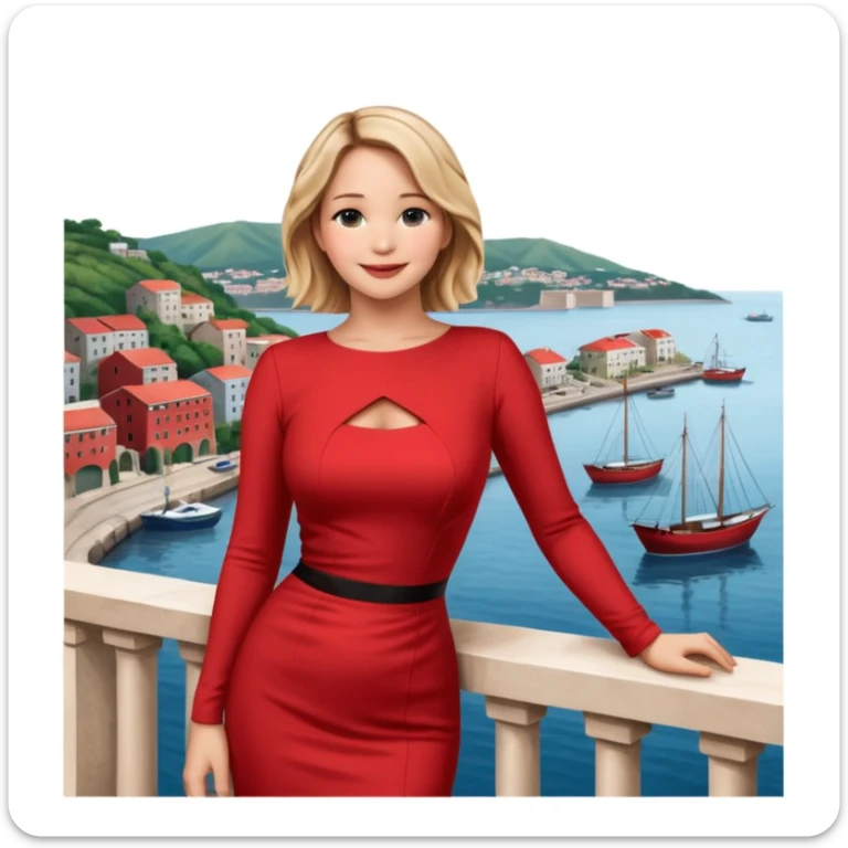 jennifer lawrence, red dress leaning on a balcony with a harbor and cityscape in the background, smiling sticker
