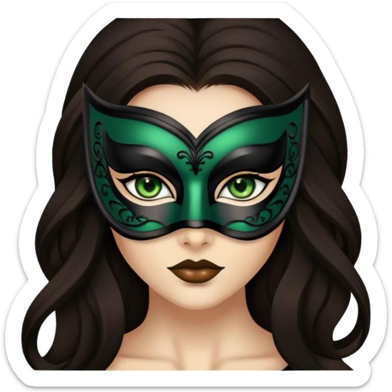 Greeneyed Woman hair with Long Dark brown hair wearing Black venetian mask sticker
