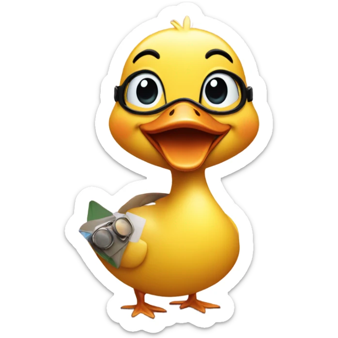 Happy cute duck. Crossed road. Summertime. Wearing a bathing suit and swim goggles sticker