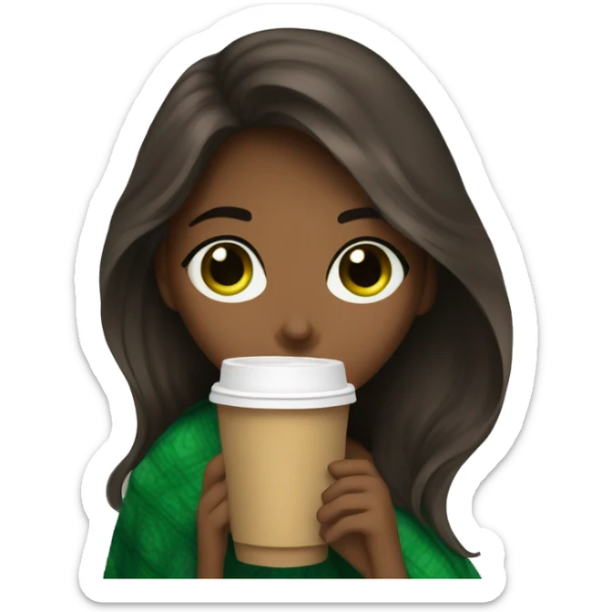 Brune long hair girl with green eyes a blanket sipping starbucks coffee sticker