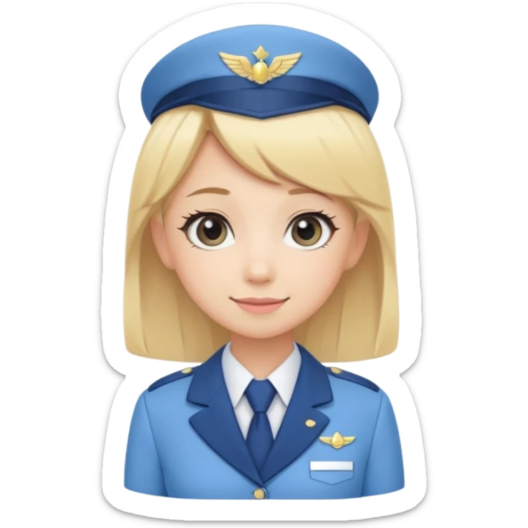 Cute emoji-style Japanese flight attendant, blonde hair, pastel blue airline uniform, kawaii cartoon style, big eyes, simple clean lineart, pastel colors, chibi proportions, friendly smile, sticker/emoji, transparent background sticker