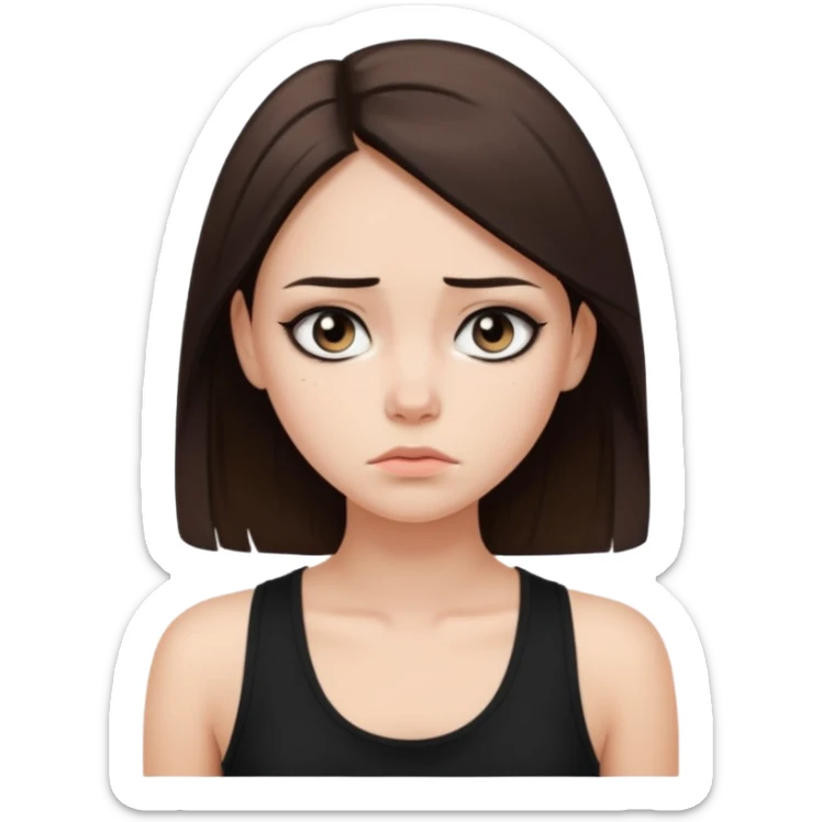 a fair girl with straight brunette hair, black tank top, eyeliner on. Looking sad sticker