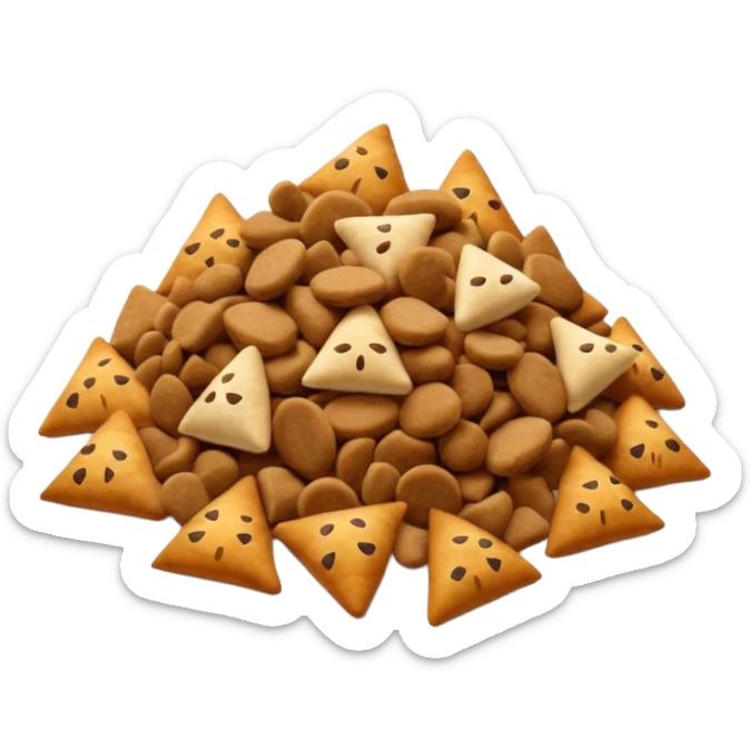 small handful of dry pet food pieces in varied shapes round triangular pillow-like warm brown tones slightly rough matte texture irregularly scattered crunchy bite-sized format no bowl packaging or extras just croquettes soft lighting subtle shadows emoji scale sticker